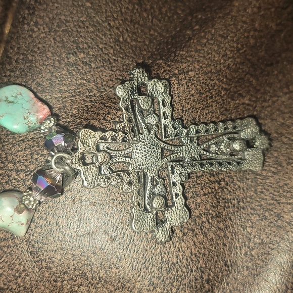 SILVER TONE cross choker necklace shimmering black clear turquoise beads - Picture 10 of 10